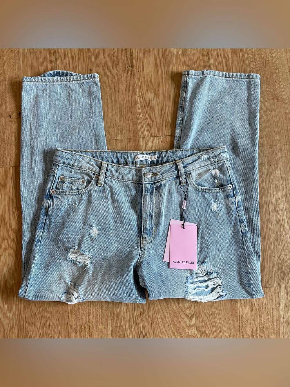 NWT Avec Les Filles Distressed Straight Leg Jeans Size 30 Light Wash